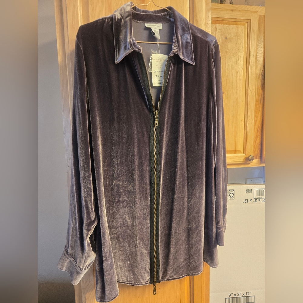 Soft Surroundings Vintage Crushed Velvet Silk Blend Full Zip Blouse Gray S Small